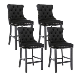 4X Velvet Bar Stools with Studs Trim Wooden Legs Tufted Dining Chairs Kitchen - RnR Galore