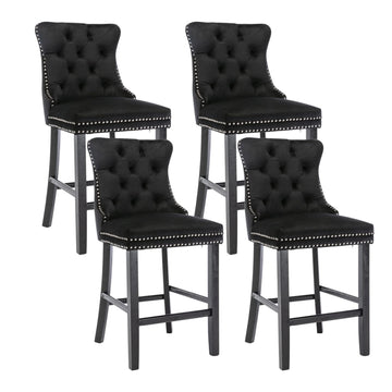 4X Velvet Bar Stools with Studs Trim Wooden Legs Tufted Dining Chairs Kitchen - RnR Galore
