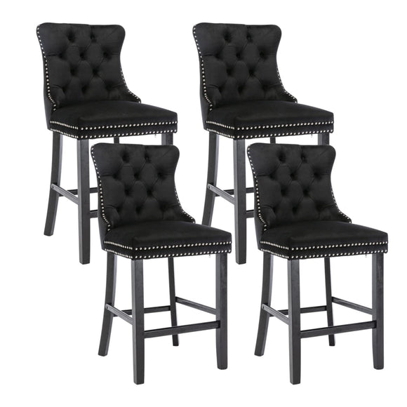4X Velvet Bar Stools with Studs Trim Wooden Legs Tufted Dining Chairs Kitchen - RnR Galore