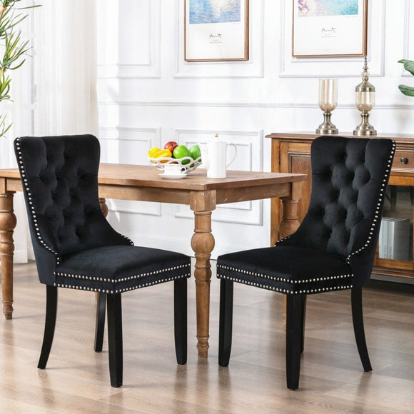 4x Velvet Dining Chairs Upholstered Tufted Kithcen Chair with Solid Wood Legs Stud Trim and Ring - Black - RnR Galore