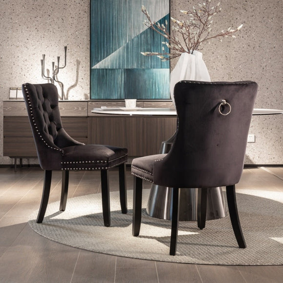 4x Velvet Dining Chairs Upholstered Tufted Kithcen Chair with Solid Wood Legs Stud Trim and Ring - Black - RnR Galore