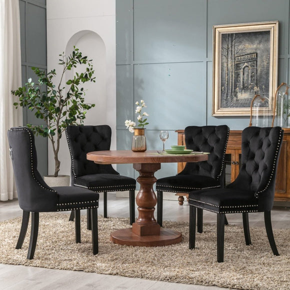 4x Velvet Dining Chairs Upholstered Tufted Kithcen Chair with Solid Wood Legs Stud Trim and Ring - Black - RnR Galore