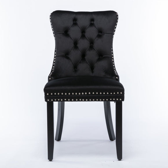 4x Velvet Dining Chairs Upholstered Tufted Kithcen Chair with Solid Wood Legs Stud Trim and Ring - Black - RnR Galore