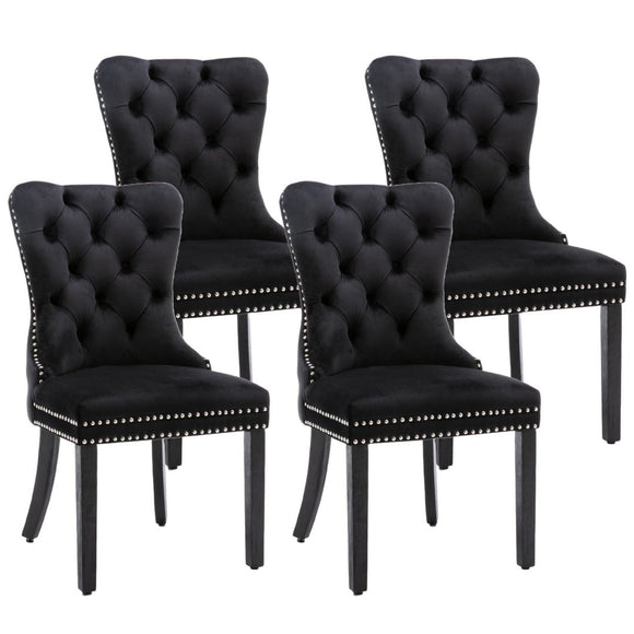 4x Velvet Dining Chairs Upholstered Tufted Kithcen Chair with Solid Wood Legs Stud Trim and Ring - Black - RnR Galore