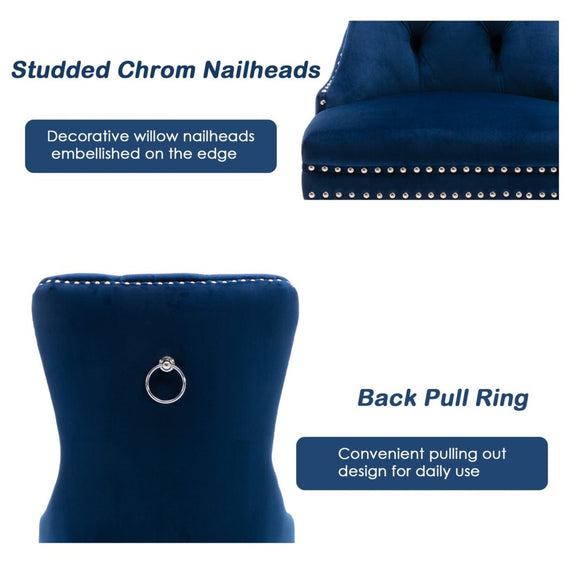 4x Velvet Dining Chairs Upholstered Tufted Kithcen Chair with Solid Wood Legs Stud Trim and Ring - Blue - RnR Galore