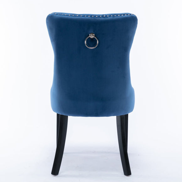 4x Velvet Dining Chairs Upholstered Tufted Kithcen Chair with Solid Wood Legs Stud Trim and Ring - Blue - RnR Galore