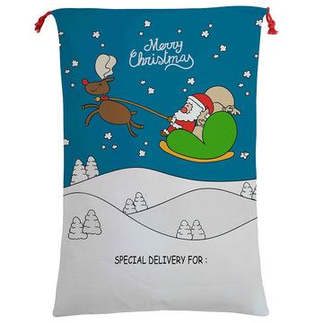 50x70cm Canvas Hessian Christmas Santa Sack Xmas Stocking Reindeer Kids Gift Bag, Cartoon Santa Fly - RnR Galore