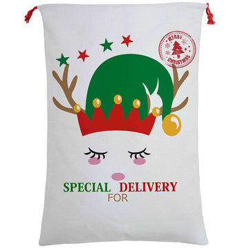 50x70cm Canvas Hessian Christmas Santa Sack Xmas Stocking Reindeer Kids Gift Bag, Cream - Cute Reindeer Delivery - RnR Galore