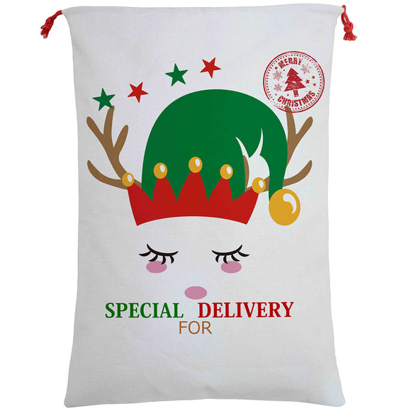 50x70cm Canvas Hessian Christmas Santa Sack Xmas Stocking Reindeer Kids Gift Bag, Cream - Cute Reindeer Delivery - RnR Galore