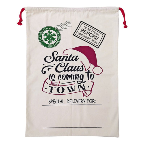 50x70cm Canvas Hessian Christmas Santa Sack Xmas Stocking Reindeer Kids Gift Bag, Cream - Santa Coming To Town - RnR Galore