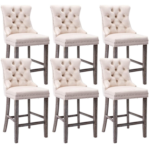 6X Velvet Bar Stools with Studs Trim Wooden Legs Tufted Dining Chairs Kitchen - RnR Galore