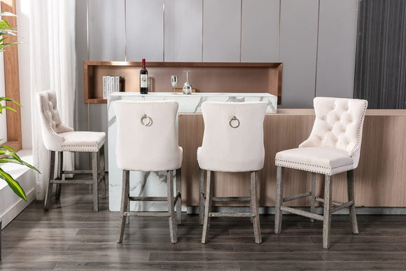 6X Velvet Bar Stools with Studs Trim Wooden Legs Tufted Dining Chairs Kitchen - RnR Galore
