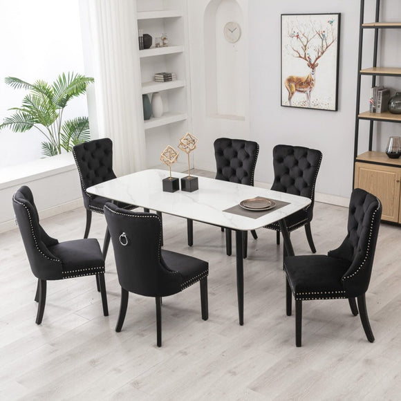 6x Velvet Dining Chairs Upholstered Tufted Kithcen Chair with Solid Wood Legs Stud Trim and Ring - Black - RnR Galore