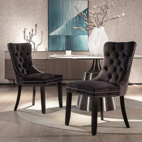 6x Velvet Dining Chairs Upholstered Tufted Kithcen Chair with Solid Wood Legs Stud Trim and Ring - Black - RnR Galore