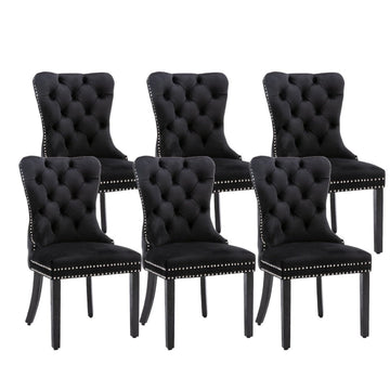 6x Velvet Dining Chairs Upholstered Tufted Kithcen Chair with Solid Wood Legs Stud Trim and Ring - Black - RnR Galore