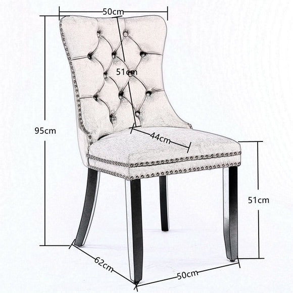 6x Velvet Dining Chairs Upholstered Tufted Kithcen Chair with Solid Wood Legs Stud Trim and Ring - Black - RnR Galore