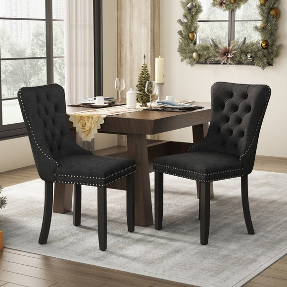 6x Velvet Dining Chairs Upholstered Tufted Kithcen Chair with Solid Wood Legs Stud Trim and Ring - Black - RnR Galore