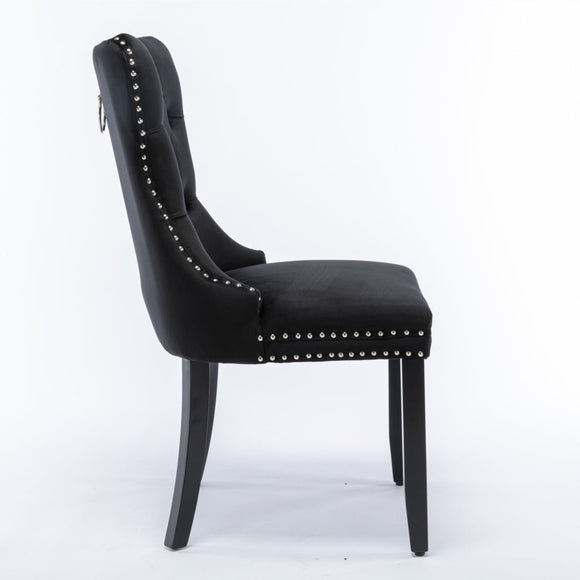 6x Velvet Dining Chairs Upholstered Tufted Kithcen Chair with Solid Wood Legs Stud Trim and Ring - Black - RnR Galore