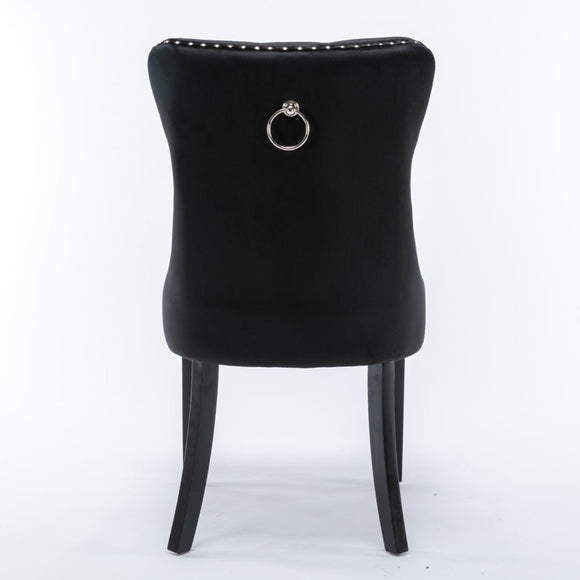 6x Velvet Dining Chairs Upholstered Tufted Kithcen Chair with Solid Wood Legs Stud Trim and Ring - Black - RnR Galore