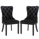 6x Velvet Dining Chairs Upholstered Tufted Kithcen Chair with Solid Wood Legs Stud Trim and Ring - Black - RnR Galore