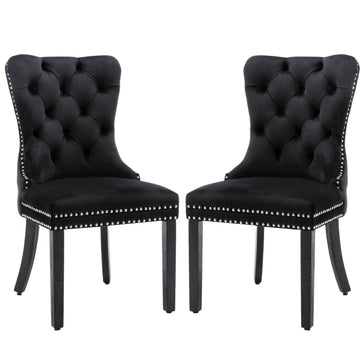 6x Velvet Dining Chairs Upholstered Tufted Kithcen Chair with Solid Wood Legs Stud Trim and Ring - Black - RnR Galore