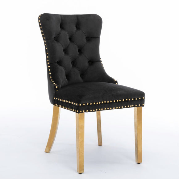 6x Velvet Dining Chairs with Golden Metal Legs - Black - RnR Galore