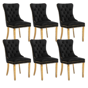 6x Velvet Dining Chairs with Golden Metal Legs - Black - RnR Galore