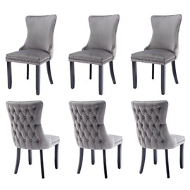 6x Velvet Upholstered Dining Chairs Tufted Wingback Side Chair with Studs Trim Solid Wood Legs for Kitchen - RnR Galore