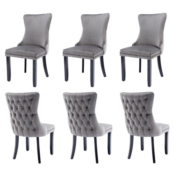 6x Velvet Upholstered Dining Chairs Tufted Wingback Side Chair with Studs Trim Solid Wood Legs for Kitchen - RnR Galore