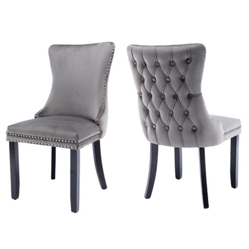 6x Velvet Upholstered Dining Chairs Tufted Wingback Side Chair with Studs Trim Solid Wood Legs for Kitchen - RnR Galore