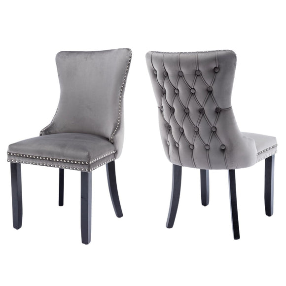 6x Velvet Upholstered Dining Chairs Tufted Wingback Side Chair with Studs Trim Solid Wood Legs for Kitchen - RnR Galore