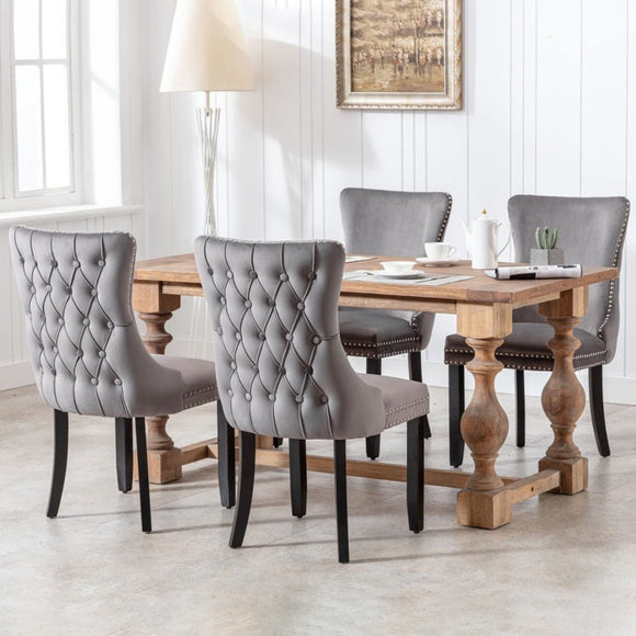 6x Velvet Upholstered Dining Chairs Tufted Wingback Side Chair with Studs Trim Solid Wood Legs for Kitchen - RnR Galore