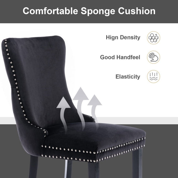 6x Velvet Upholstered Dining Tufted Chairs with Studs Trim and Solid Wood Legs - Black - RnR Galore
