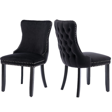 6x Velvet Upholstered Dining Tufted Chairs with Studs Trim and Solid Wood Legs - Black - RnR Galore