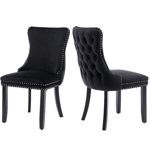 6x Velvet Upholstered Dining Tufted Chairs with Studs Trim and Solid Wood Legs - Black - RnR Galore