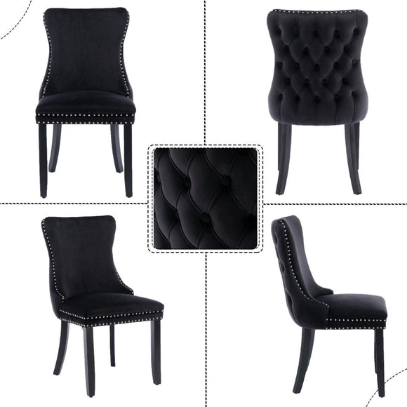 6x Velvet Upholstered Dining Tufted Chairs with Studs Trim and Solid Wood Legs - Black - RnR Galore