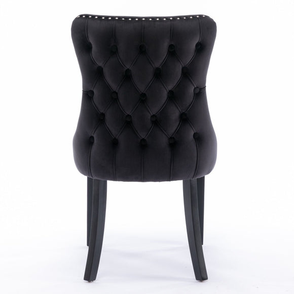 6x Velvet Upholstered Dining Tufted Chairs with Studs Trim and Solid Wood Legs - Black - RnR Galore