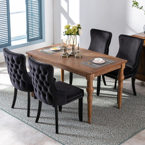 6x Velvet Upholstered Dining Tufted Chairs with Studs Trim and Solid Wood Legs - Black - RnR Galore