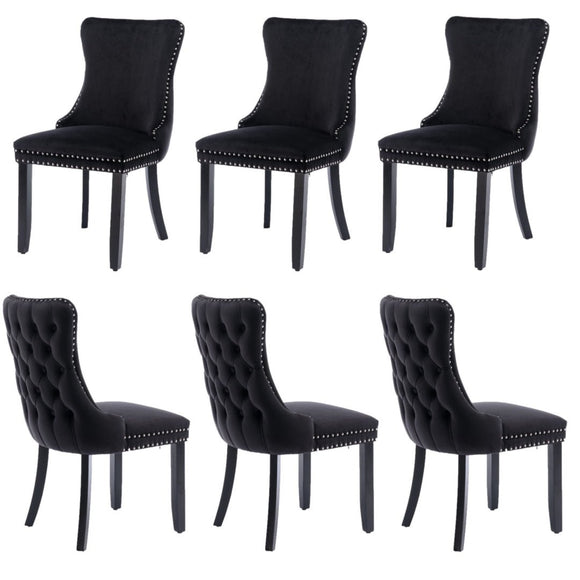 6x Velvet Upholstered Dining Tufted Chairs with Studs Trim and Solid Wood Legs - Black - RnR Galore