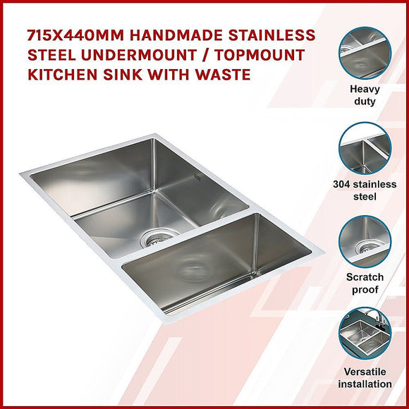 715x440mm Handmade Stainless Steel Undermount / Topmount Kitchen Sink with Waste - RnR Galore