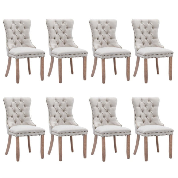 8x AADEN Modern Elegant Button - Tufted Upholstered Fabric with Studs Trim and Wooden legs Dining Side Chair - Beige - RnR Galore