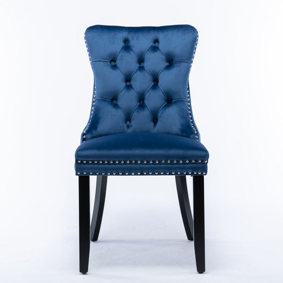 8x Velvet Dining Chairs Upholstered Tufted Kithcen Chair with Solid Wood Legs Stud Trim and Ring - Blue - RnR Galore