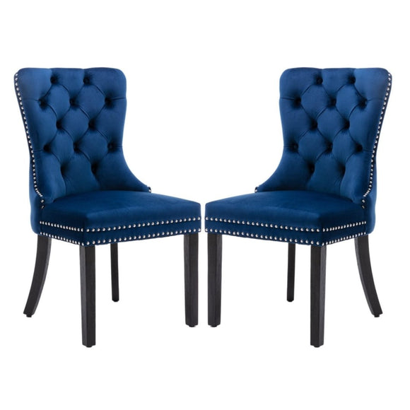8x Velvet Dining Chairs Upholstered Tufted Kithcen Chair with Solid Wood Legs Stud Trim and Ring - Blue - RnR Galore