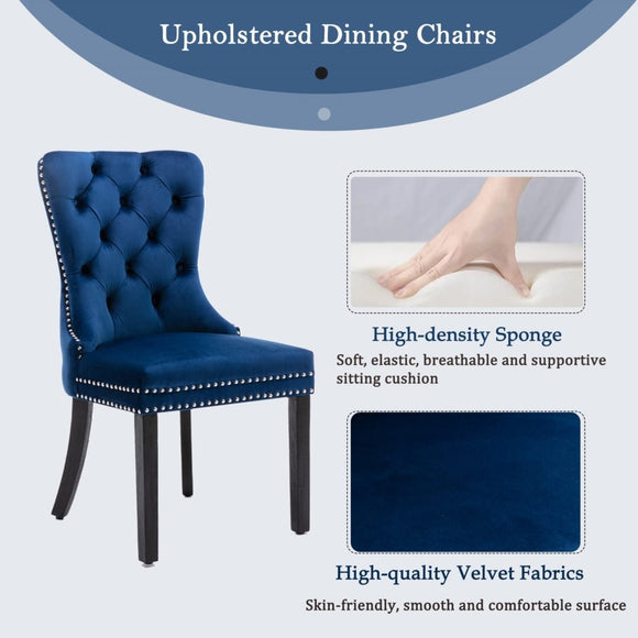 8x Velvet Dining Chairs Upholstered Tufted Kithcen Chair with Solid Wood Legs Stud Trim and Ring - Blue - RnR Galore