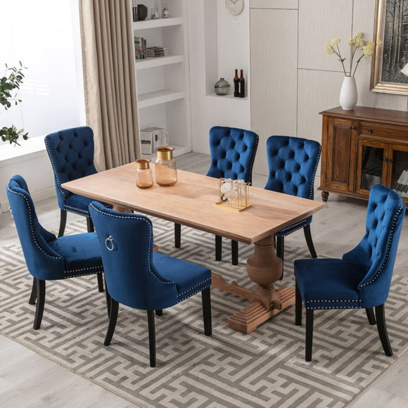 8x Velvet Dining Chairs Upholstered Tufted Kithcen Chair with Solid Wood Legs Stud Trim and Ring - Blue - RnR Galore
