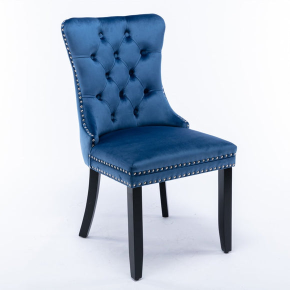 8x Velvet Dining Chairs Upholstered Tufted Kithcen Chair with Solid Wood Legs Stud Trim and Ring - Blue - RnR Galore
