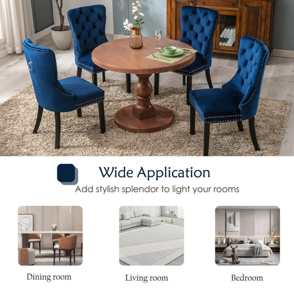 8x Velvet Dining Chairs Upholstered Tufted Kithcen Chair with Solid Wood Legs Stud Trim and Ring - Blue - RnR Galore