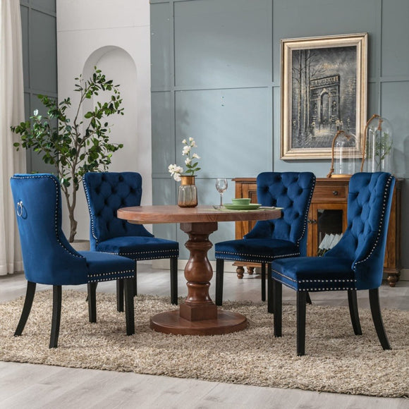 8x Velvet Dining Chairs Upholstered Tufted Kithcen Chair with Solid Wood Legs Stud Trim and Ring - Blue - RnR Galore