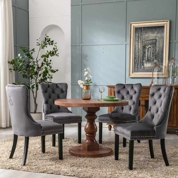 8x Velvet Dining Chairs Upholstered Tufted Kithcen Chair with Solid Wood Legs Stud Trim and Ring - Gray - RnR Galore