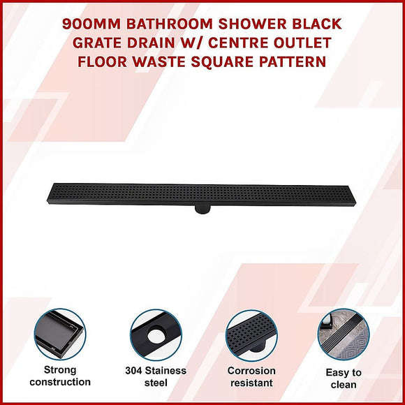 900mm Bathroom Shower Black Grate Drain w/Centre outlet Floor Waste Square Pattern - RnR Galore